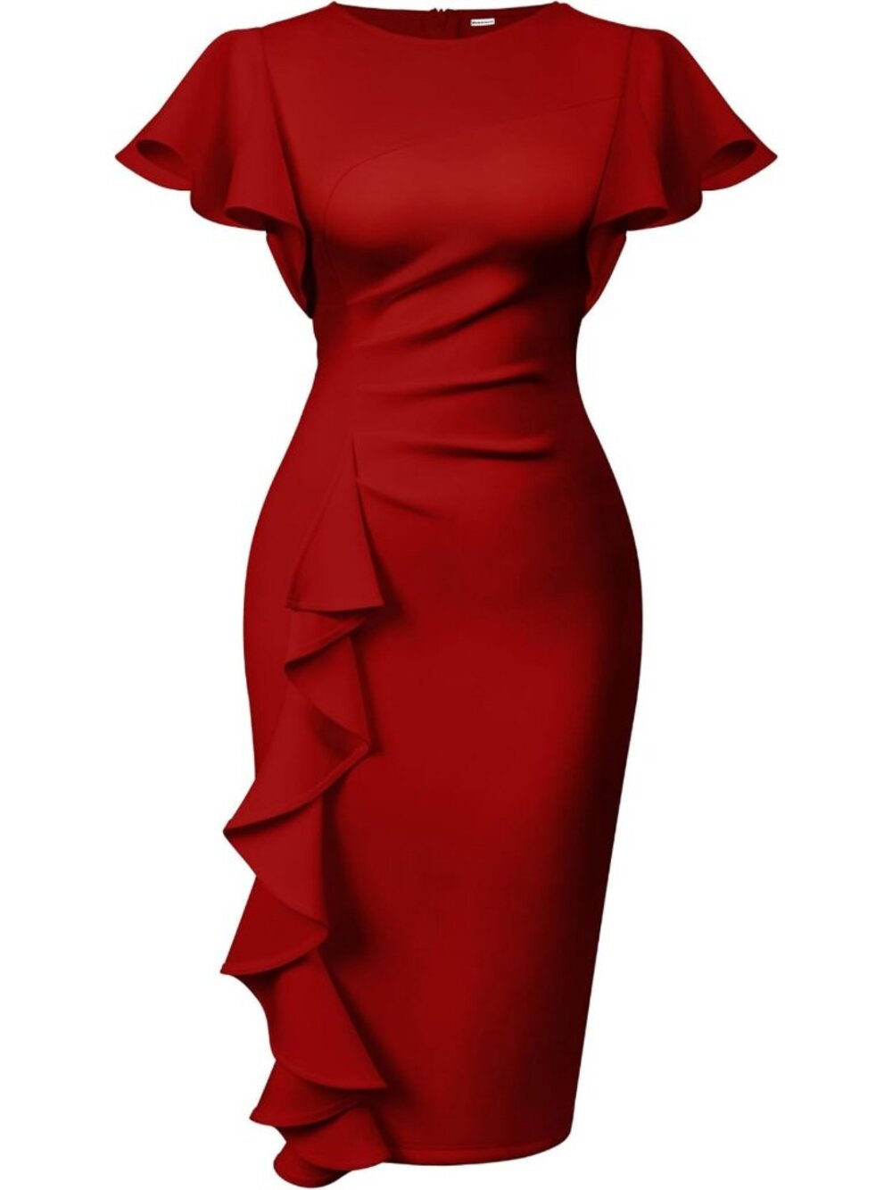 Chic Women's Midi Dress with Ruffle Sleeves, Ruched Design for Church & Work